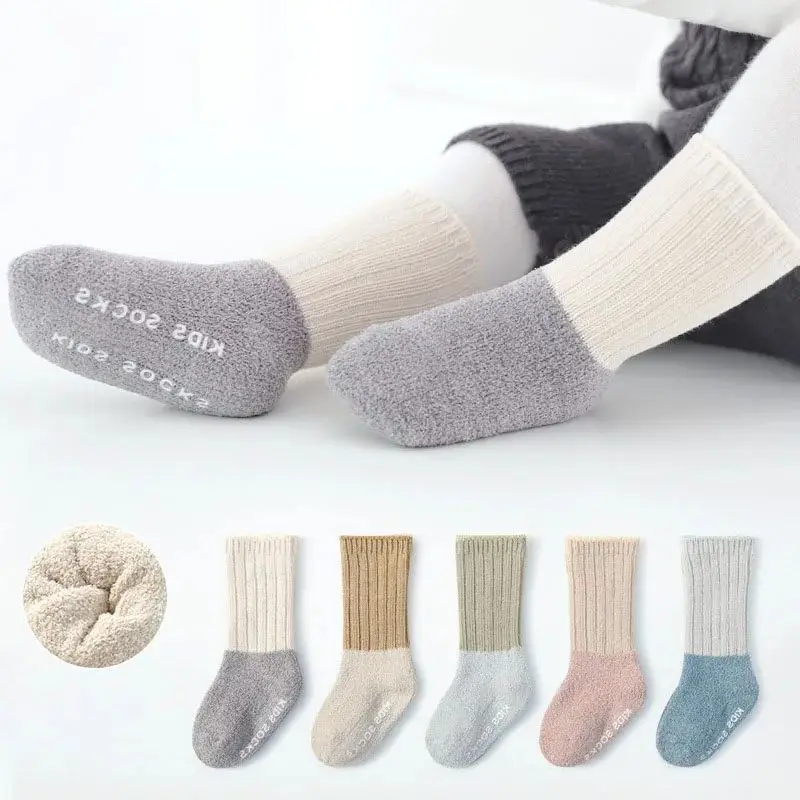 Autumn Winter Unisex Kids Baby Socks Infant Patchwork Non-slip Tube Socks High Quality Thick Warm Fleece Newborn Baby Stockings