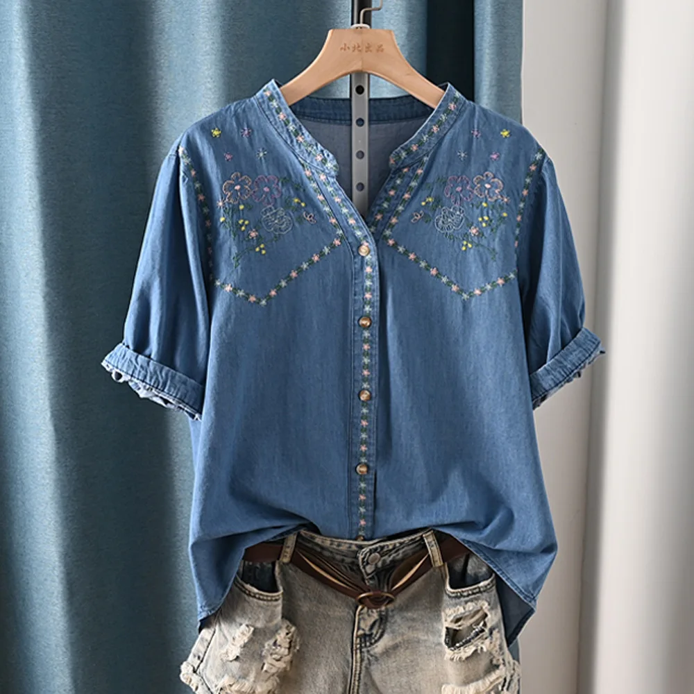 New Spring Cotton Denim Sweet Shirt Women Short Sleeve V Neck Embroidery Tops Girl Loose OL Casual Blouses 2024 Summer T45605QM