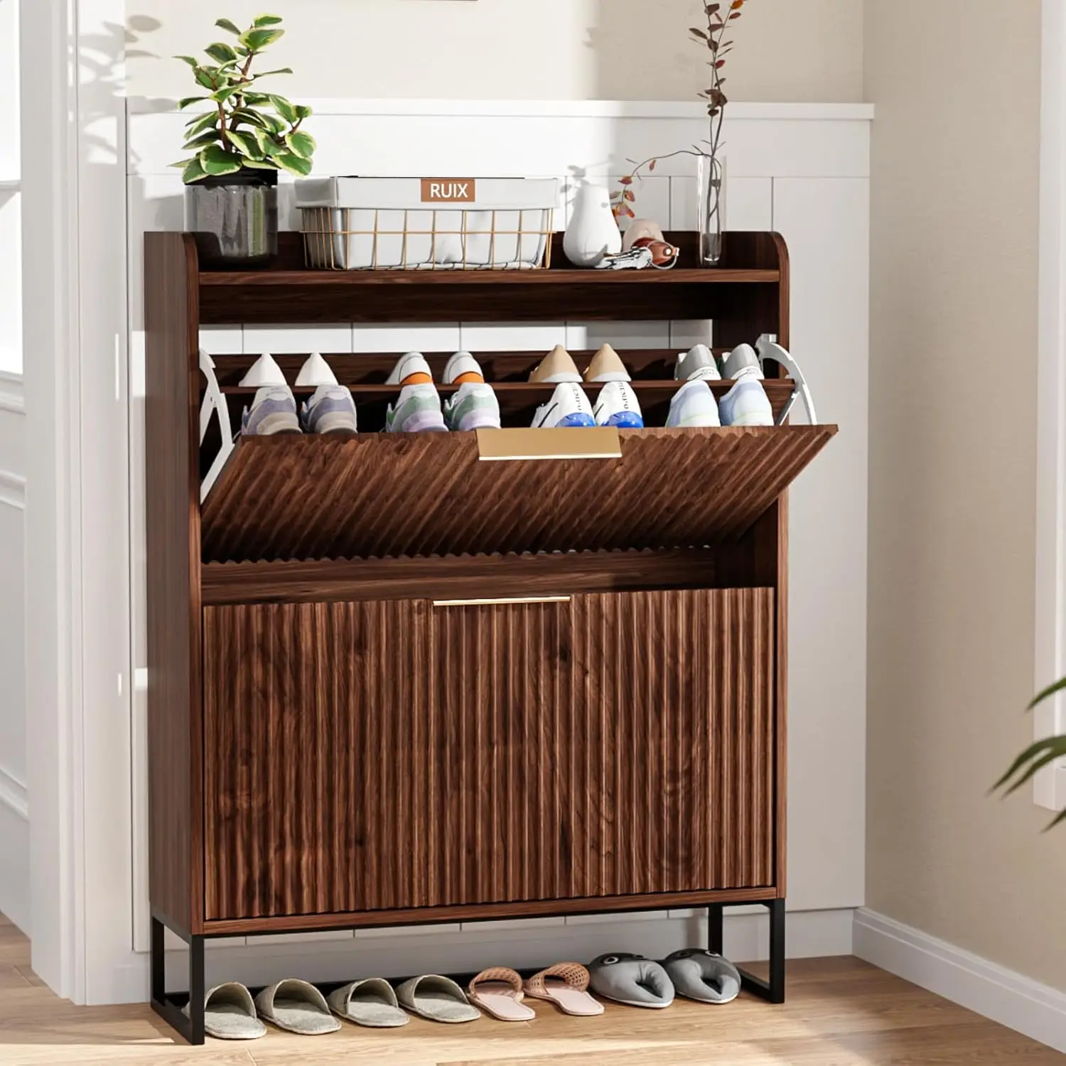 

Fluted Entryway Shoe Cabinet, 2 Flip Drawers Hidden Storage, Mid Century Modern Freestanding Rack (Dark Walnut)