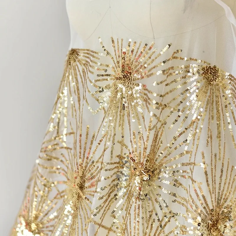 White Embroidered Gold Sequin Lace Fabric For Wedding Dresses Clothing Home Decoration Handmade Accessories