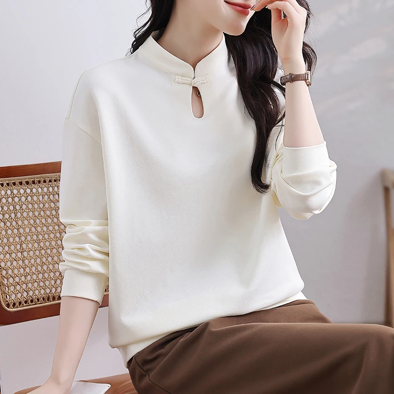 

Новый китайский однотонный свитшот с длинным свечим воротником-стойкой на пуговицах, базовый топ для женщин больших размеров Faionable A...