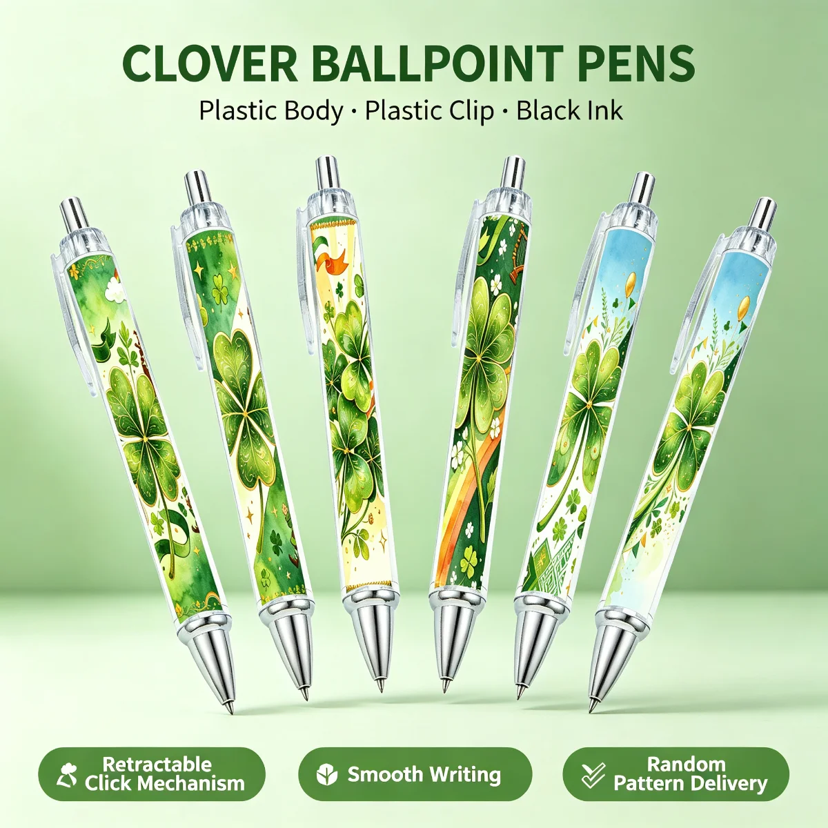 6pcs St. Patrick's Day Four Leaf Clover Design Ballpoint Pens round Paper Roll Writing Instruments Cultural Theme Supplies