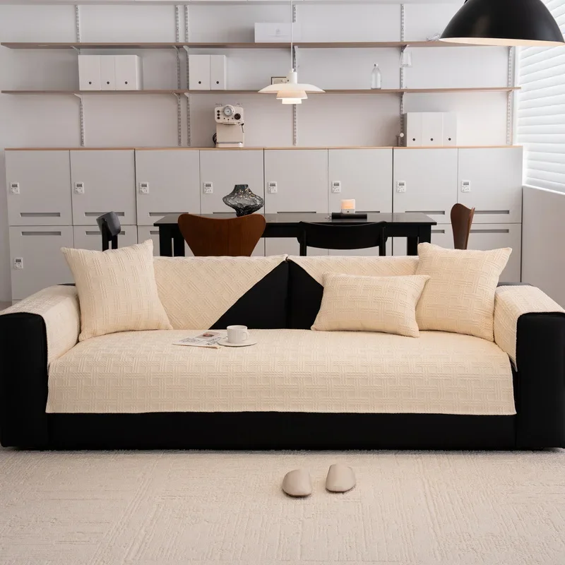 Chenille Sofa Cushion Luxurious Texture Sofa Home Protection Cover All Season Universal Color Block Bound Sofa Cover Towel Gray
