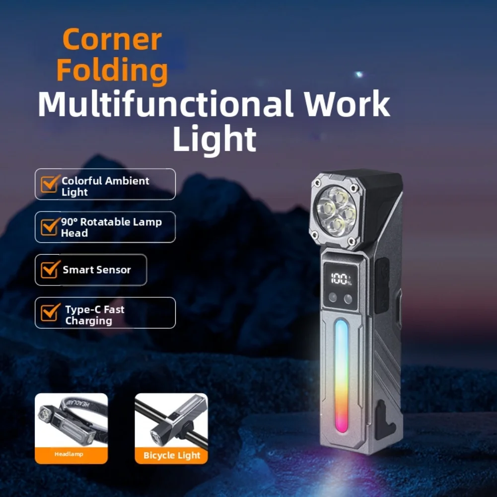 Rechargeable Work Lamp Magnetic COB LED For Mechanic Work Main COB Beam RGB Side Lights Multiple Light Modes For Cycling