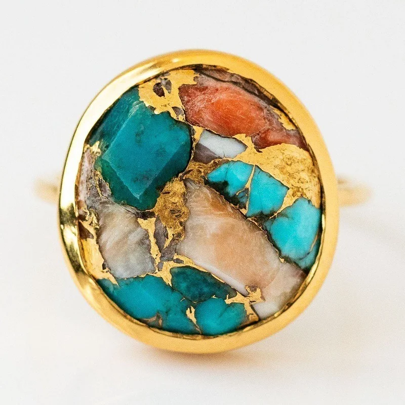 Jianjie Elegant Women\'s Colorful Stone Inlay Rings Golden Edged Vintage Banquet Charming Ladys New Ring Jewelry Accessories