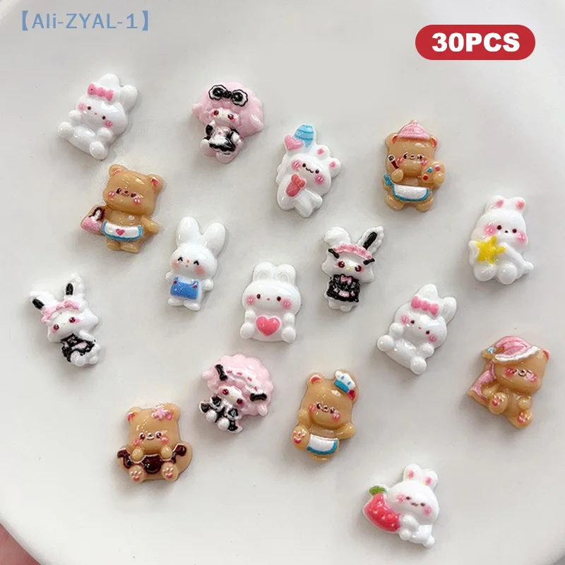 【ZYAL-1】30 szt. Ozdób do paznokci w kształcie króliczków, żywiczne ozdoby 3D w kolorach cukierków, kreskówkowe małe brązowe misie, kawaii akcesoria do paznokci