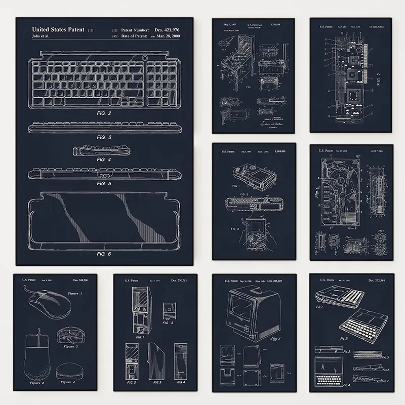 Computer Gaming Tech Patents Poster Motherboard Keyboard Mouse Canvas Painting Wall Art for Game Room Home Decor Gameboy Gift