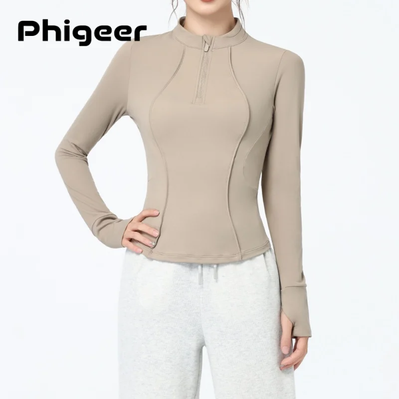 

Женские куртки для йоги PHIGEER, легкий приталенный топ на молнии для тренировок в тренажерном зале, эластичная укороченная куртка для бега с отверстиями для большого пальца