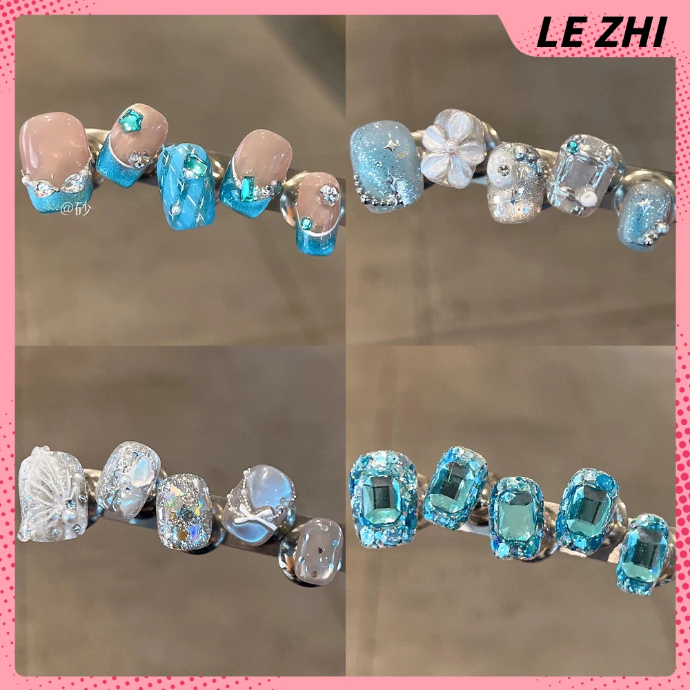 

10Pcs Light Luxury Short Square Ellipse Handmade Wearable Fake Nails Colorful Rhinestone Pearl Sequins Flowers Press On Nails