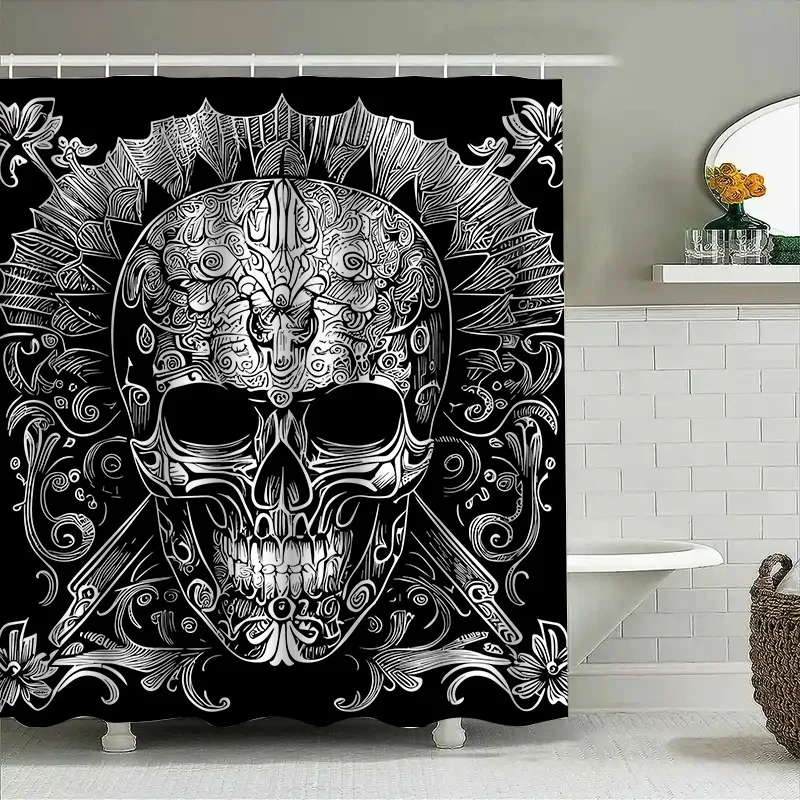 

Занавеска для ванной комнаты с рисунком черепа Туну, готический декор, черно-белый дизайн, крутой декор стен, уникальная занавеска для душа