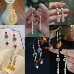 Retro Chinese Pearl Bead Earrings for Women Ancient Palace Style Jade Loop Pendant Luxury Jewelry Elegant Ethnic Ear Clip Gifts