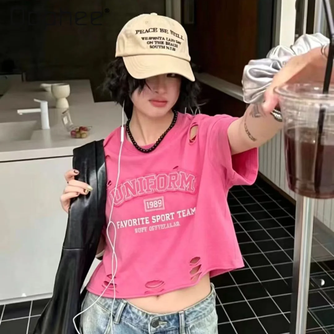 

European T-shirt Women's 2026 Summer New Alphabet Patch Embroidery Holes Fashion Versatile Loose Short Sleeves Tee