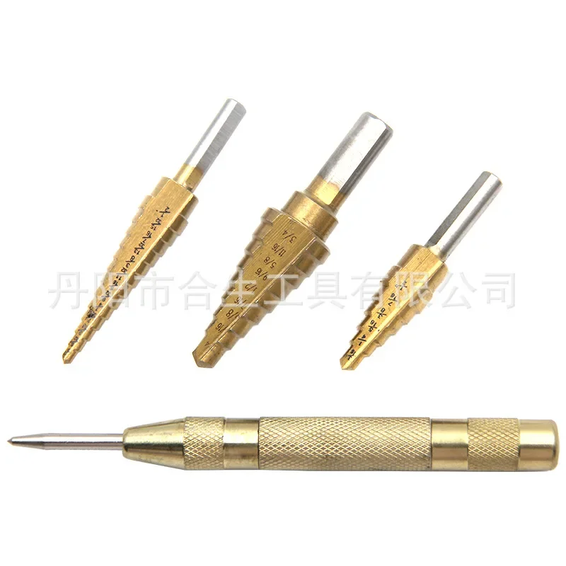 Triangular shank imperial straight groove titanium plated step drill set small 3pc gold center punch window opener set