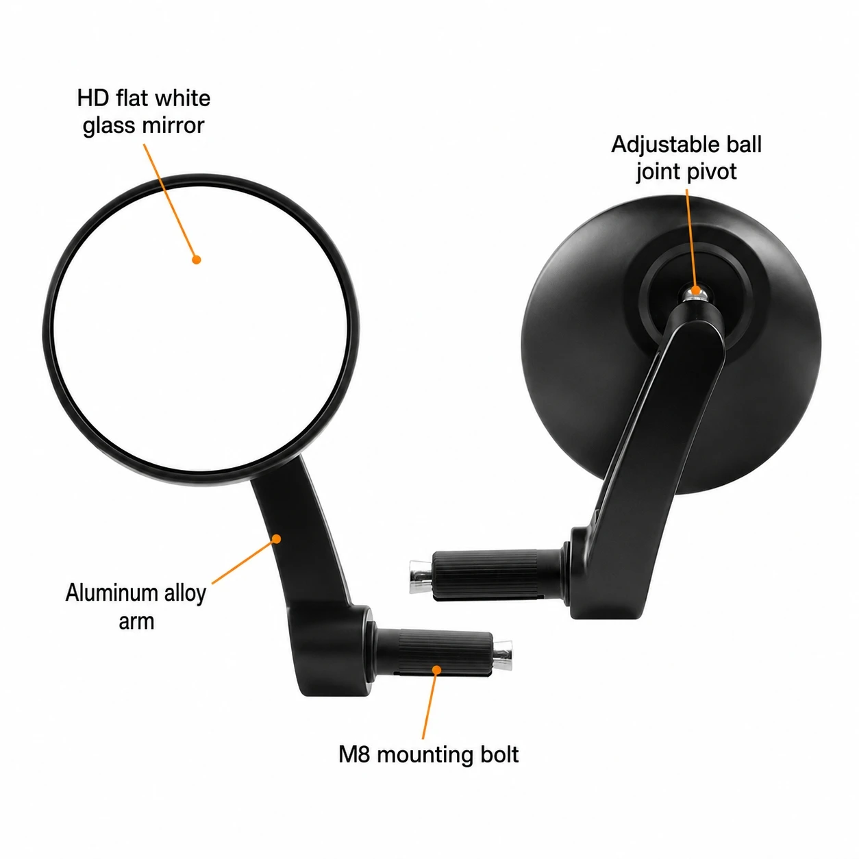 1 Pair Black Integrated Stem Round Handlebar Mirror HD White Convex Glass Universal 22mm Motorcycle E-bike Rear View Mirror