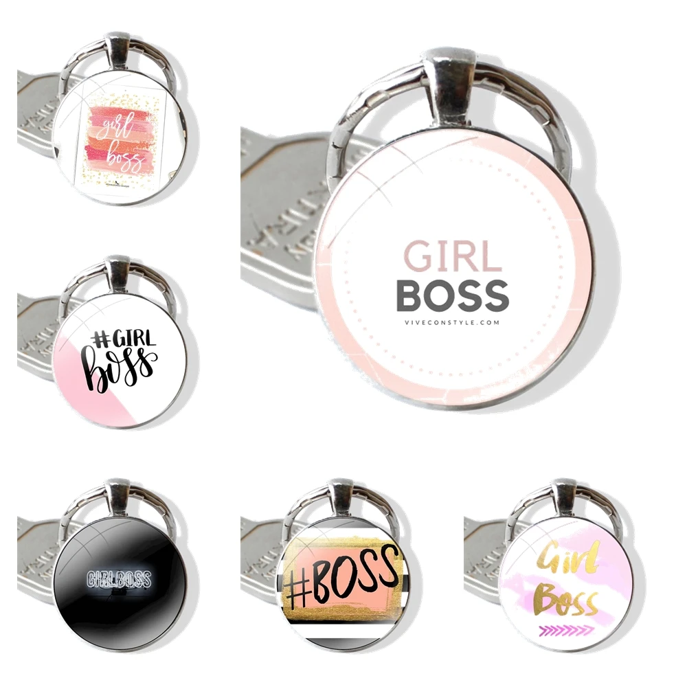 Girl Boss Pink Women Keychain Handmade Glass Cabochon Key Ring Holder Pendant Key Chains