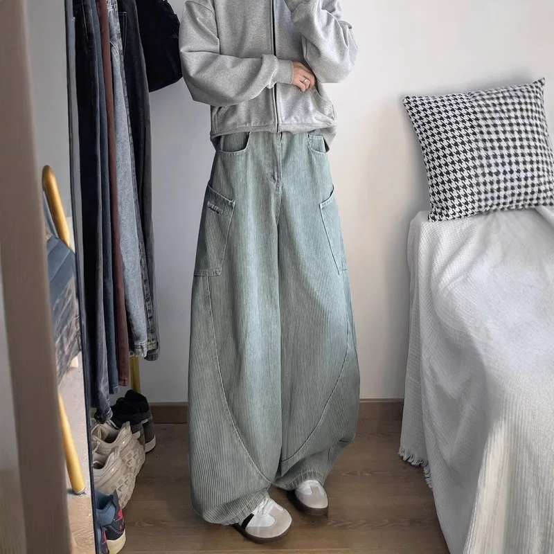 

Полосатые широкие мужские джинсы на молнии, свободные джинсовые брюки с высокой талией, джинсовые брюки полной длины, потертые карманы, осень 2023 г.