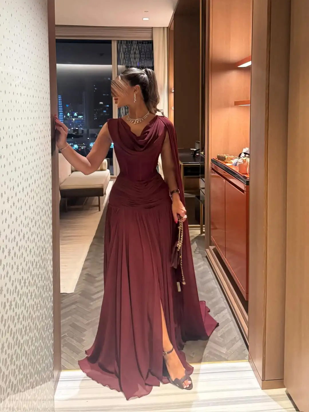 

QR Customized Elegant Women Evening Dresses A-line Front Slit Swing Collar Chiffo Prom Luxurious Pleats Floor Length Zipper