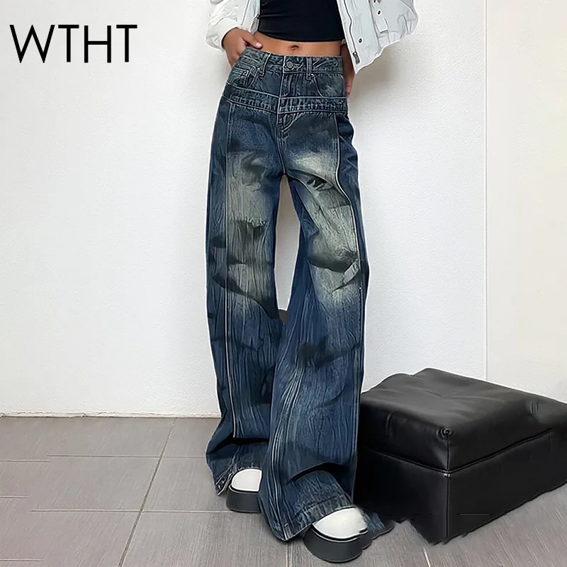 WTHT Fashion Women's Gradient Wash Wide Leg Jeans 2025 Autumn Trendy New High Waist Straight Denim Pants Female 1LS2670