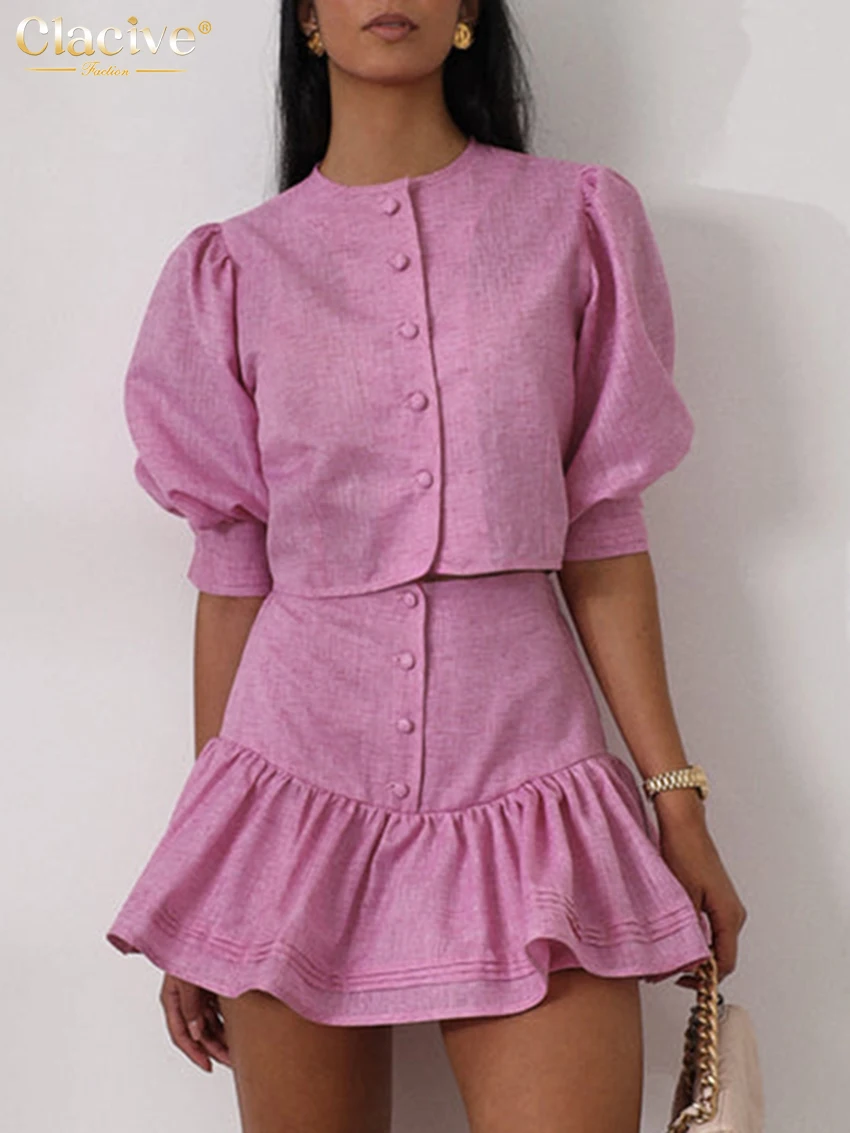 Clacive Fashion Slim Pink Cotton Woman 2 Piece Set Outfit Summer Short Sleeve Crop Top With High Waist Mini Skirt Set Female