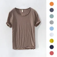 T-shirt rétro Raw Edge pour hommes, 100% coton, léger, respirant, coupe ajustée, monochromatique, col rond, haut basique décontracté 1