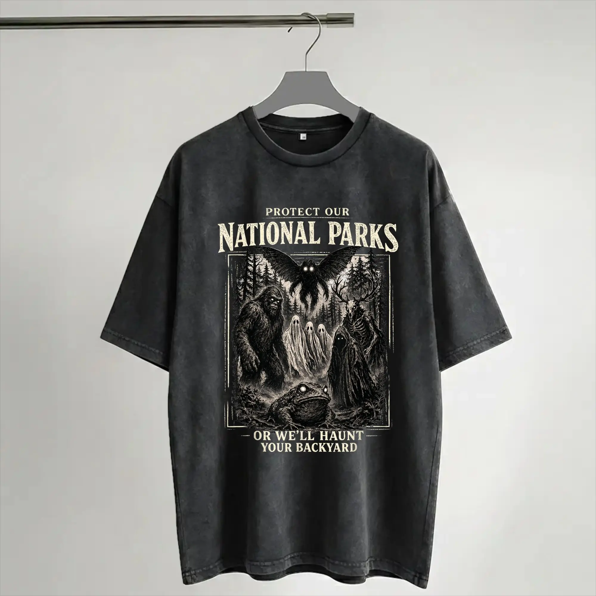 Protect Our National Parks Or We'll Haunt Your Backyard Washed T Shirt Streetwear Hip Hop Fashion T-Shirt  Tees for Men Women
