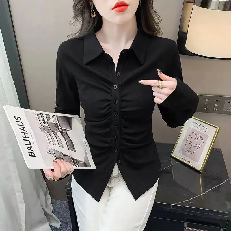 Fashion Lapel Button Asymmetrical Folds Shirt Female Clothing 2023  Autumn New Loose Casual Tops Office Lady Blouse