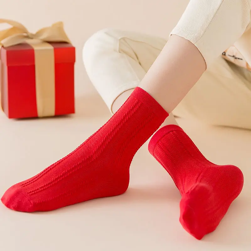 1/5 Paar rote lange Damensocken, modischer chinesischer Neujahrsstil, Diamantgitter-Textur, weich, bequem, für alle Jahreszeiten, lässige Socken – Detail 5