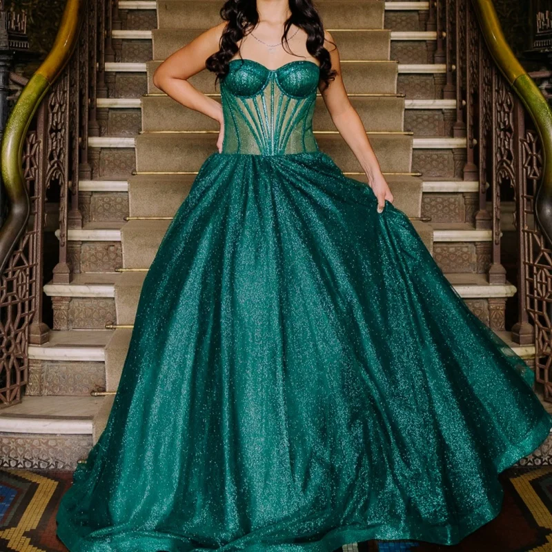 

Simple Shiny Dark Green Quinceanera Dresses Off the Shoulder Decal Long tail Vestidoe 15 Quinceanera Customize