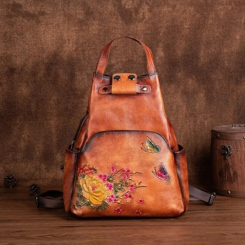 New Vintage Genuine Leather Floral Women Backpacks Luxury Brand Female Real Natural Leather Ladies Girl Student Casual Backpack