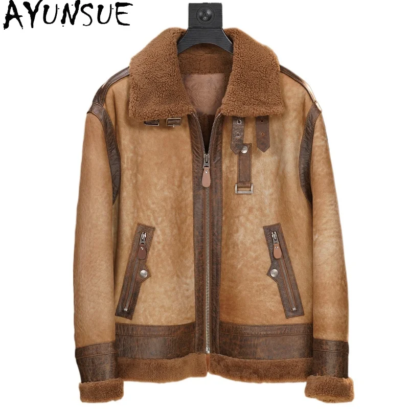 

AYUNSUE натуральная мериносовая кожаная куртка из овчины, мужская одежда, винтажная шуба из натурального меха, мужская мягкая мужская меховая куртка, пальто