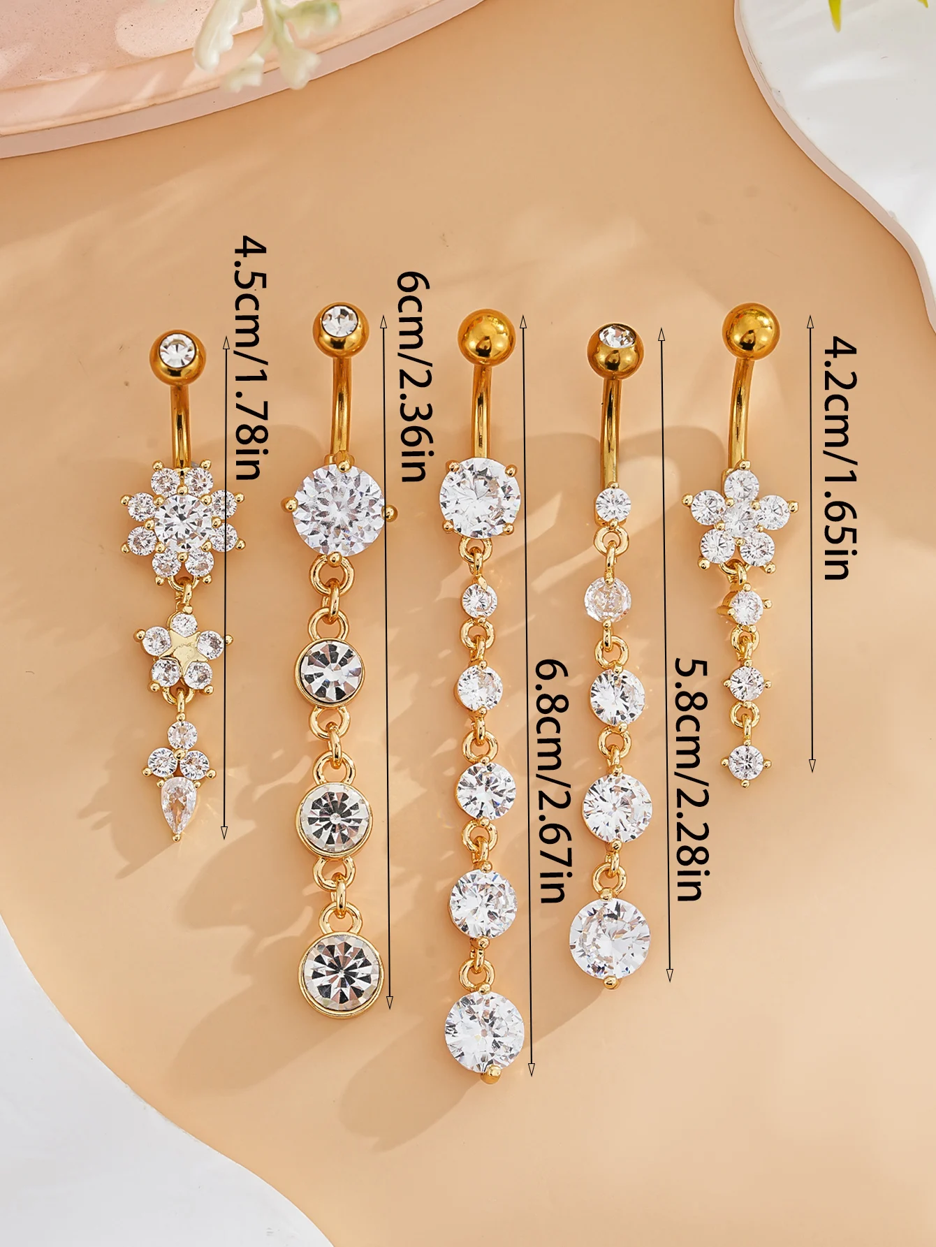 5 Stück/Set Lange baumelnde Bauchnabelringe mit funkelnden Kristallen CZs, Bauchnabelring aus Edelstahl, gebogenes Bauchpiercing Nombril Ombligo – Detail 4