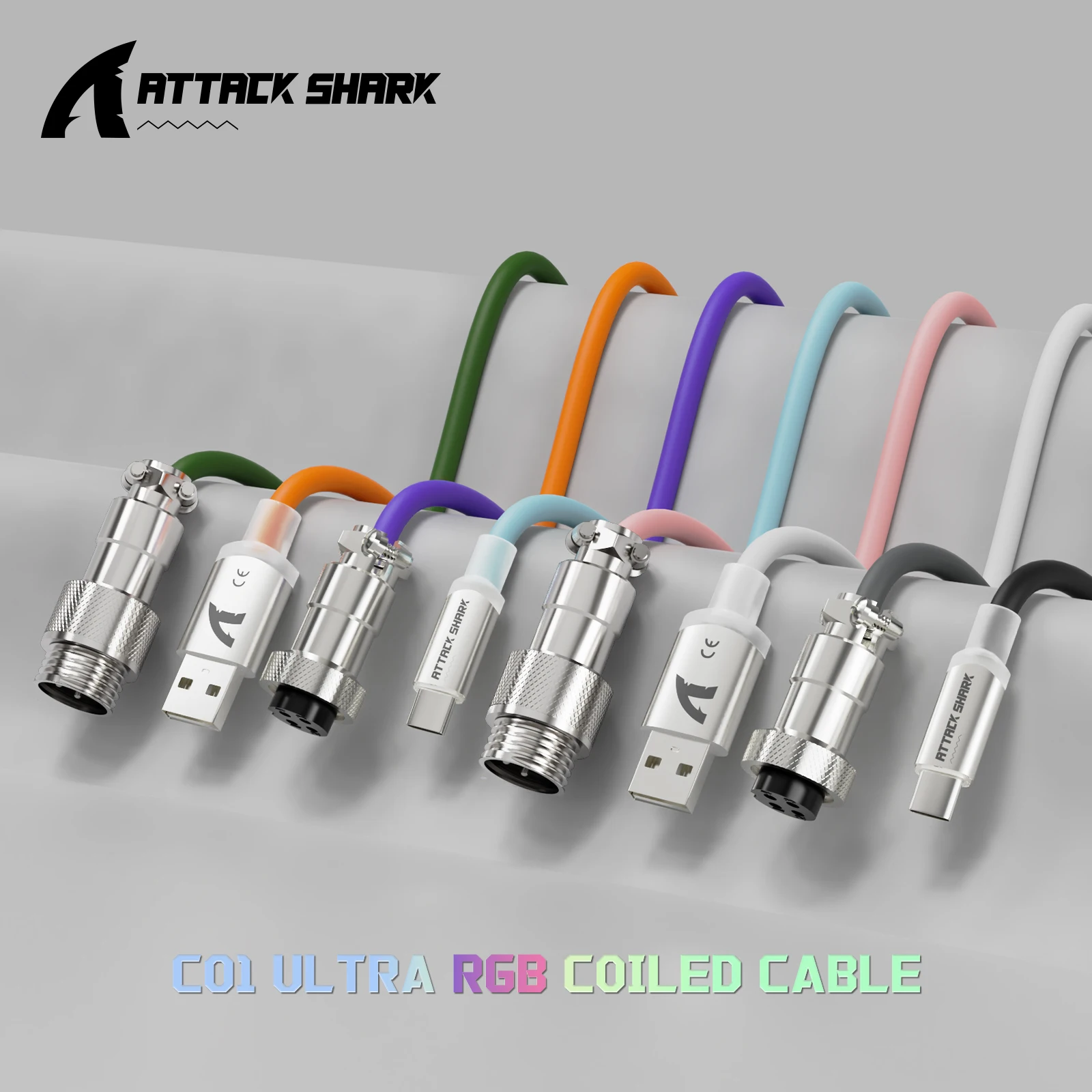 ATTACK SHARK C01Ultra Coiled Keyboard Cable with RGB Lighting, Custom USB-C Aviator Cable, Type-C to USB-A, 8KHz Return Rate
