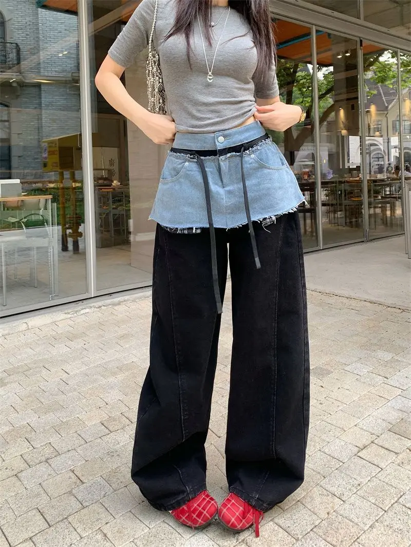 Cowboy Patchwork Fake Two Piece Curved Knife Wide Leg Pants For Women In Spring And Autumn, With A Lazy And Stylish Design view 5