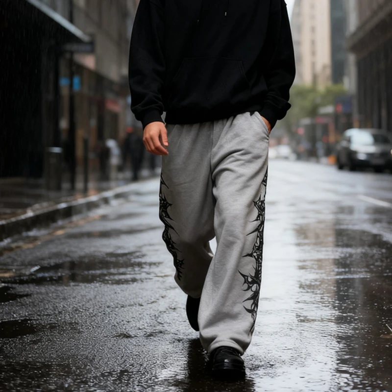 Nowe spodnie w stylu Y2K Gothic Eom na jesień/zimę, luźne, proste, z artystycznym wzorem, sportowe, outdoorowe, hip-hopowe, czarno-szare.