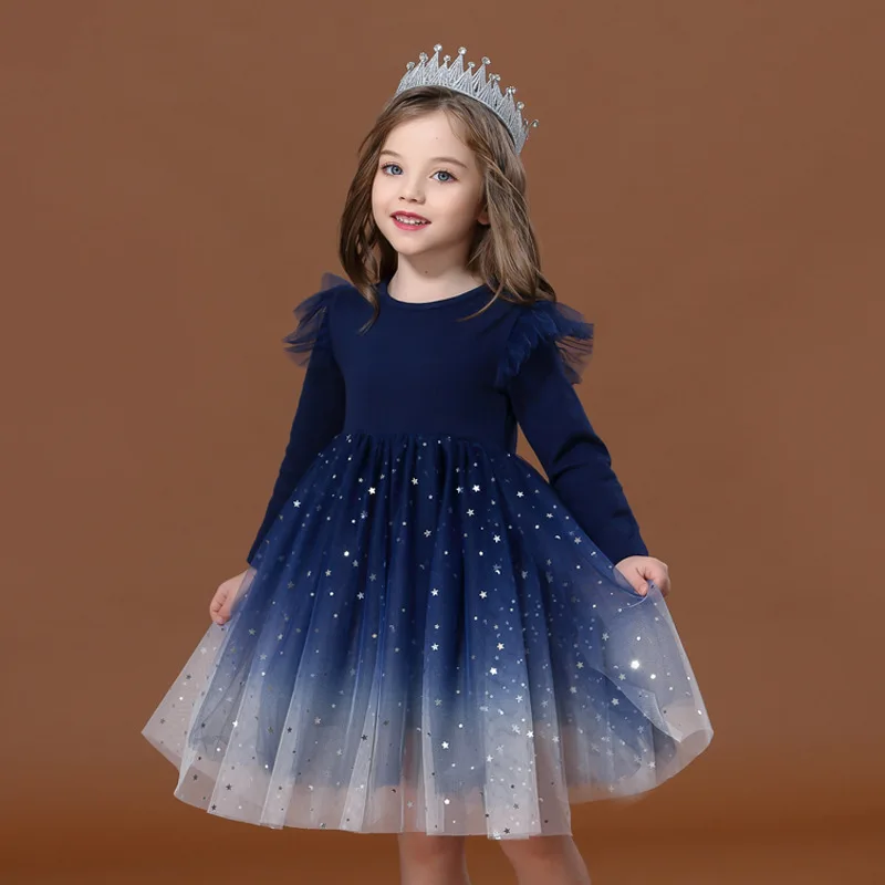 Sweet Girls Party Evening Dress Starry Gradient Long Short Sleeve Princess Bubble Fashion Dress Children's Clothes Girls Dresses