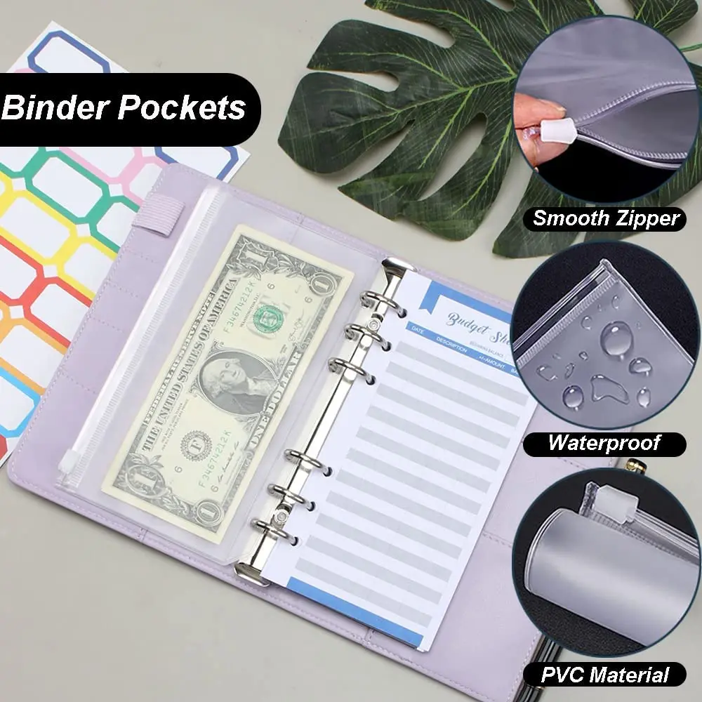 A6 Binder Budget PU Leather Organizer Notebook Financial Folder Set with Expense Budget Sheets, Cash Envelopes, Planner Stickers