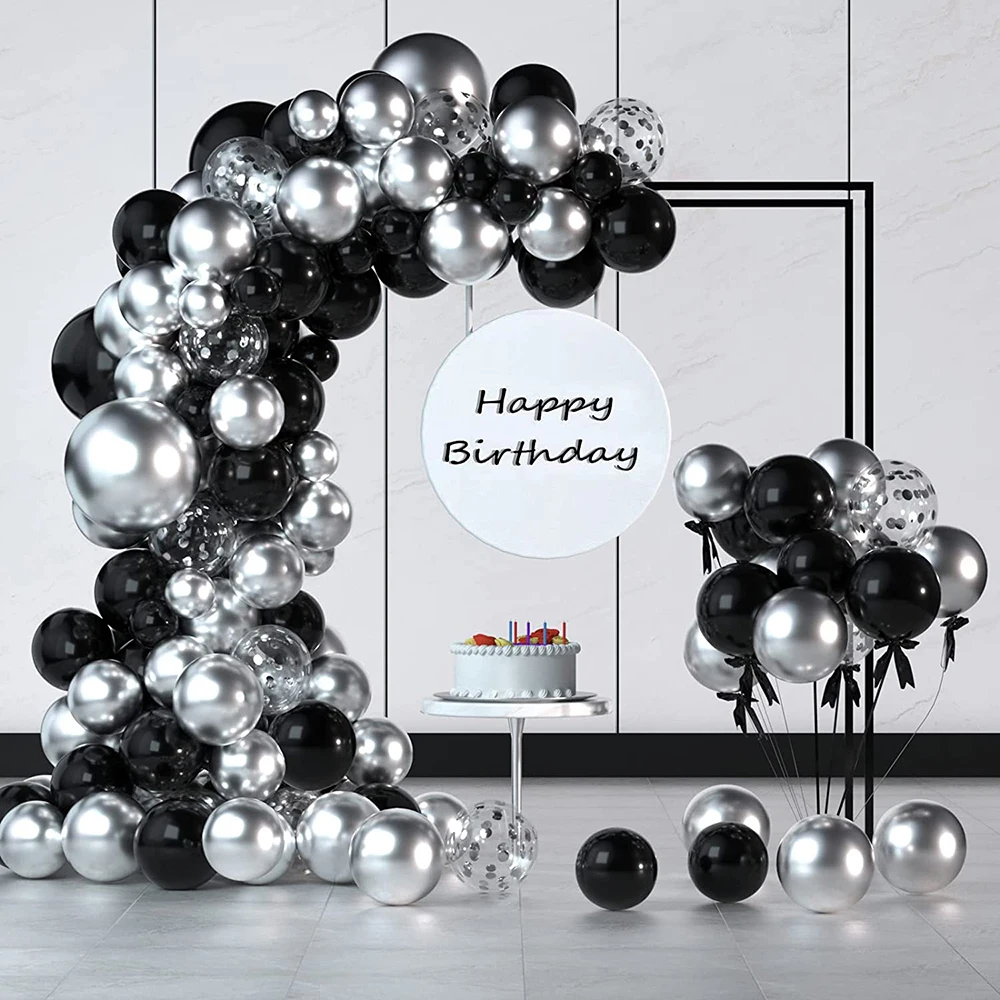 126Pcs Black Balloon Garland Arch Kit Chrome Silver Confetti Latex Balloons Wedding Birthday Party Bridal Baby Shower Decor