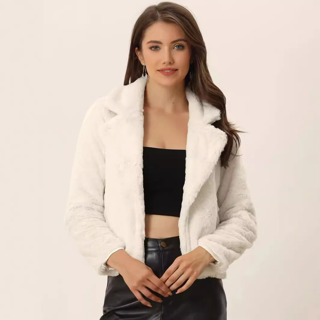 フリース冬用レディースフェイクラビットファーコート、ノッチカラー、ポケット付き、エコファー、レディーススリムフィット、保温性のある女性用ミンクファーコート