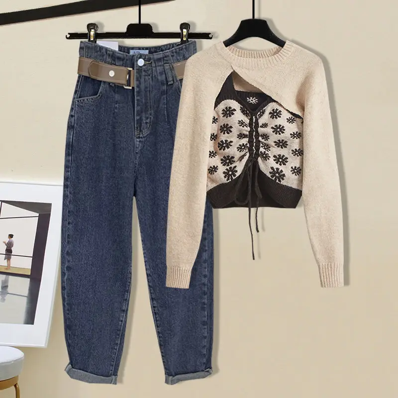 

Комплект из вязаного свитера и джинсового укороченного топа для полных женщин, новая модная коллекция ранней осени