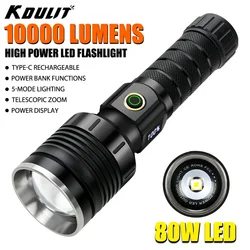 80W High Power Led Flashlight 10000 Lumen Rechargeable Tactical Torch 26650 Battery Zoom Waterproof Camping Lantern Power Bank