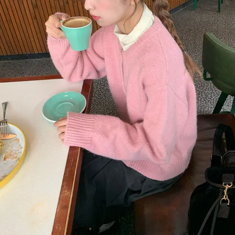 Koreaanse Sle dames gebreide trui rond ne open vest zacht pure kleur basic herfst winter zoet ontwerp met enkele knop