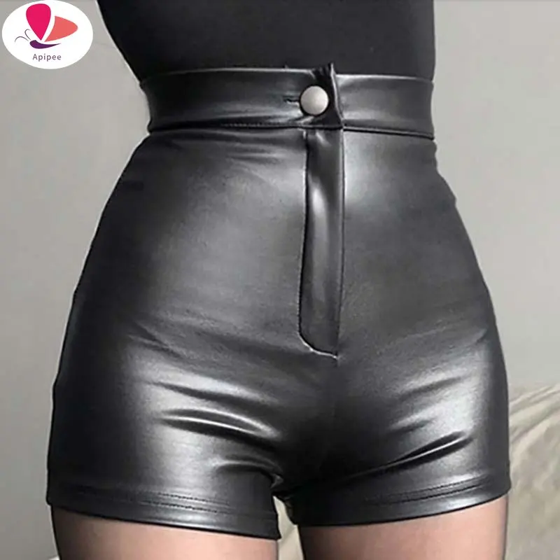 

Sexy Black Matte Leather Open Crotch Shorts Women Exotic Bodycon Slim Faux Leather Skinny Shorts Wetlook Nightclub Wear Custom