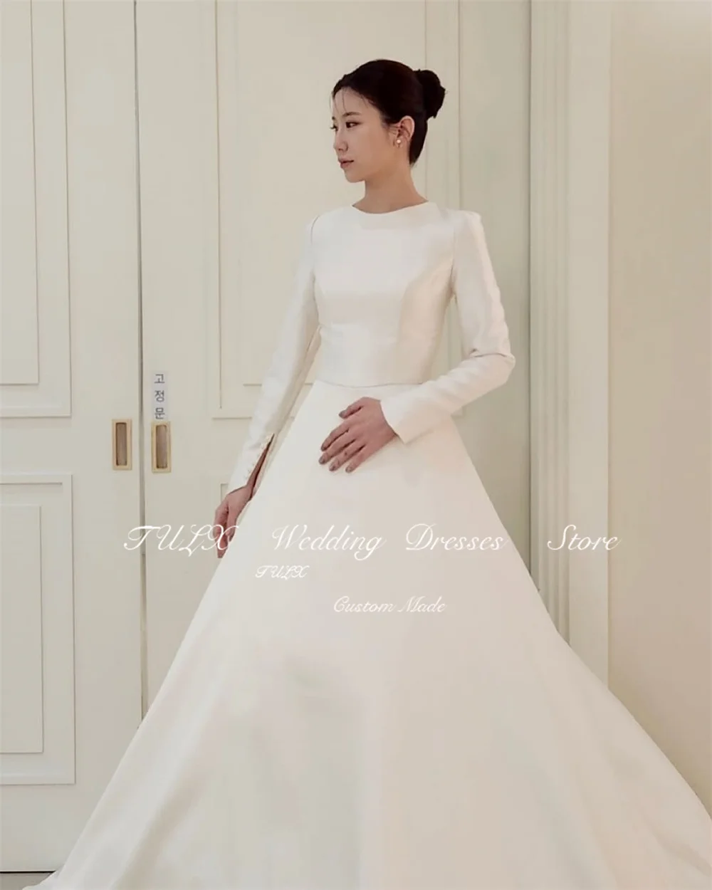 TULX Elegant Ivory Satin Corset Wedding Dress Korea Photo Shoot O Neck Long Sleeve Bridal Gowns Floor Length 웨딩드레스 Customized