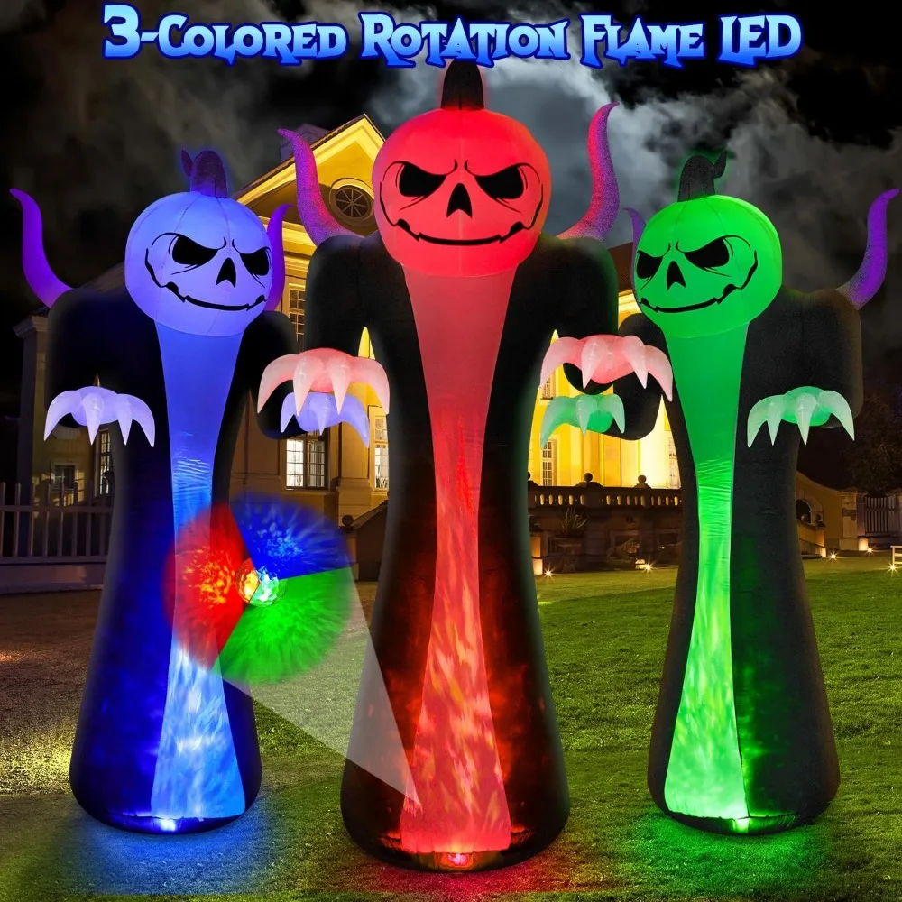 

12FT Halloween Inflatables Decoration Outdoor Giant Pumpkin Reaper Ghost with 3-Colored Rotation Flame LEDs Spooky Halloween