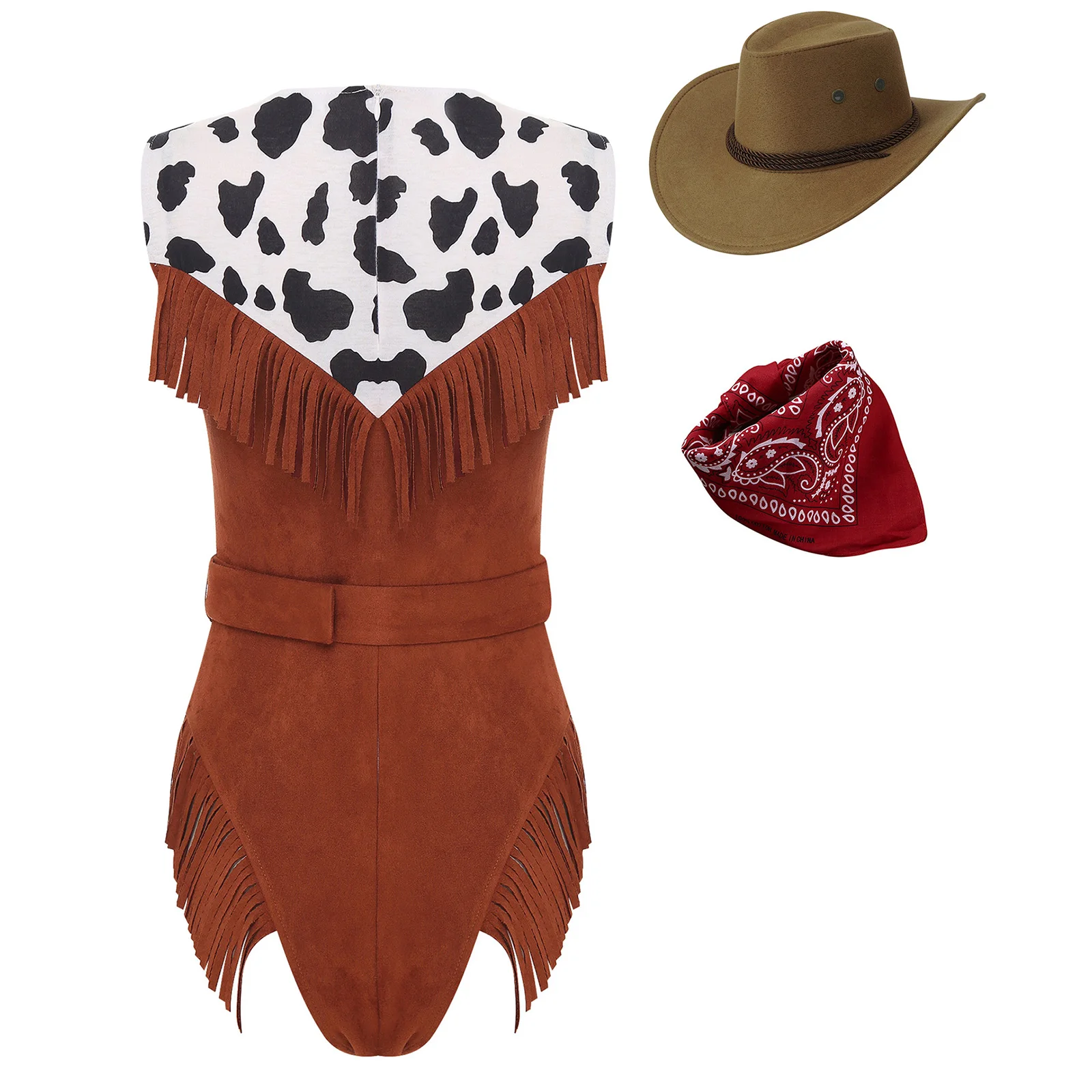 Women Halloween Carnival Western Cowgirl Cosplay Performance Costume Sleeveless Tassel Bodysuit with Belt Bandanna Cowboy Hat