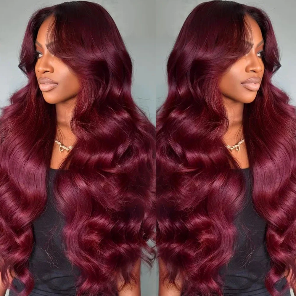 

99J Бордовый цветной парик на шнурке Объемная волна HD Парик фронтальной части шнурка 13x6 Человеческие волосы Предварительно выщипанные 180% Плотность 13x4 Парики фронта шнурка