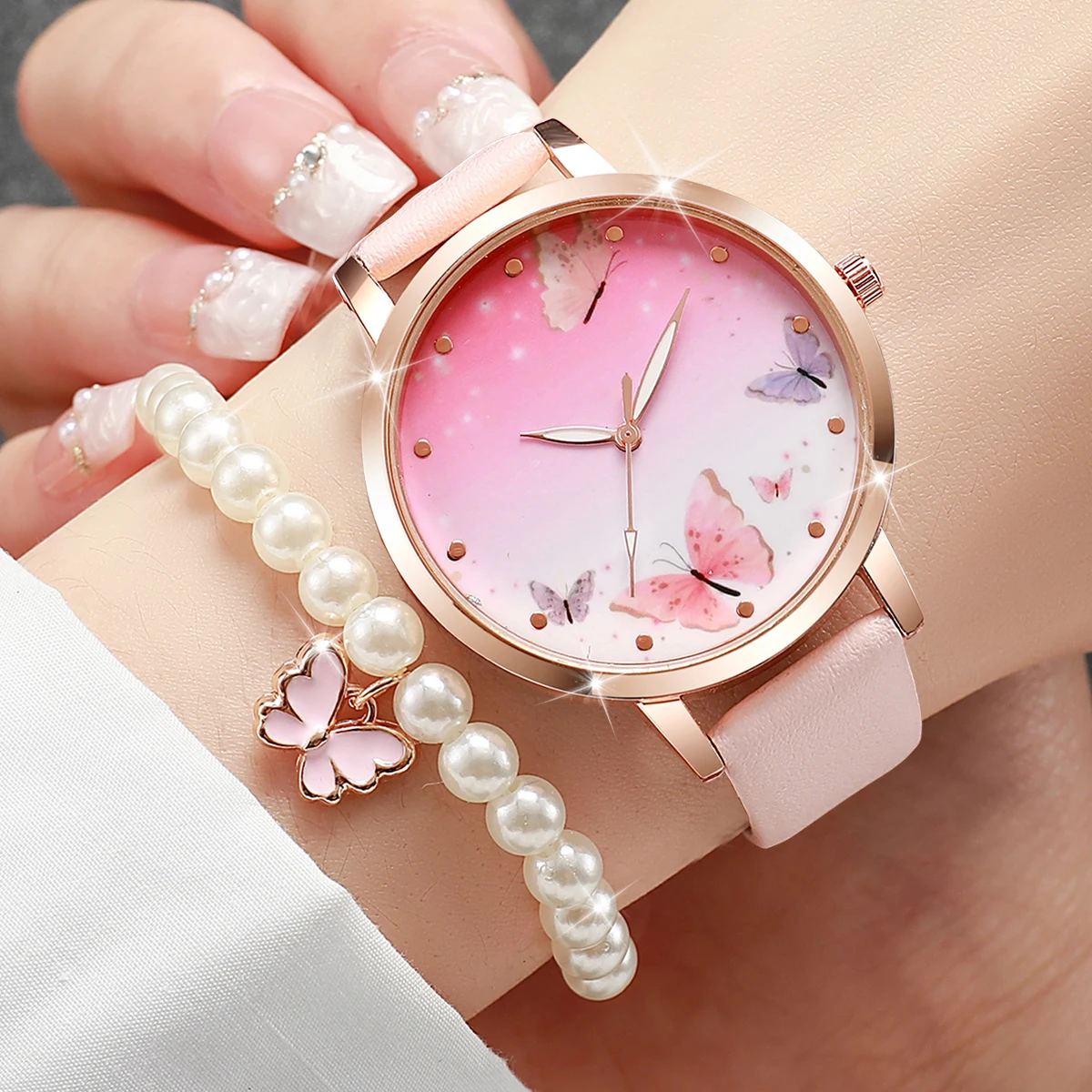 6PCS/Set Women Fashion Quartz Watch Female Clock Pink Butterfly Dial Ladies Leather Wrist Watch Montre Femme（Without  Box）