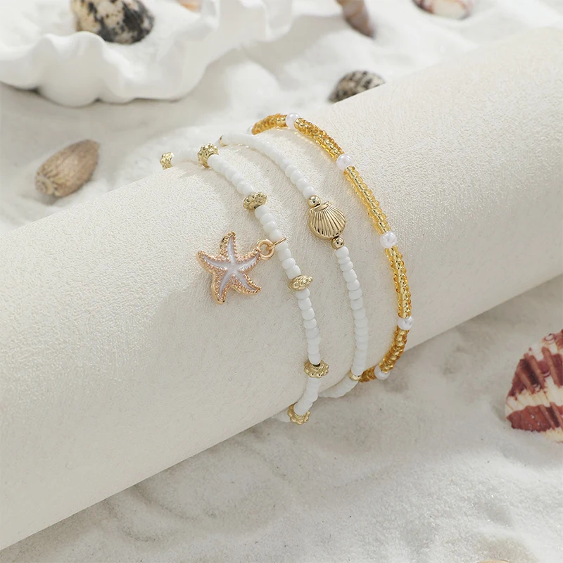 3 قطعة/المجموعة الإسكالوب نجم البحر المعلقات الخلخال للنساء الأرز الخرز سلسلة الكاحل سوار مطاطا حبل الشاطئ الصيف القدم اكسسوارات