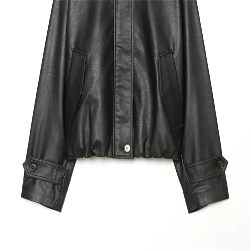 NINE ZAR Women's Short Biker Style PU Coated Jacket Large Silhouette Synthetic Leather Long Sleeve Zipper Closure Coat