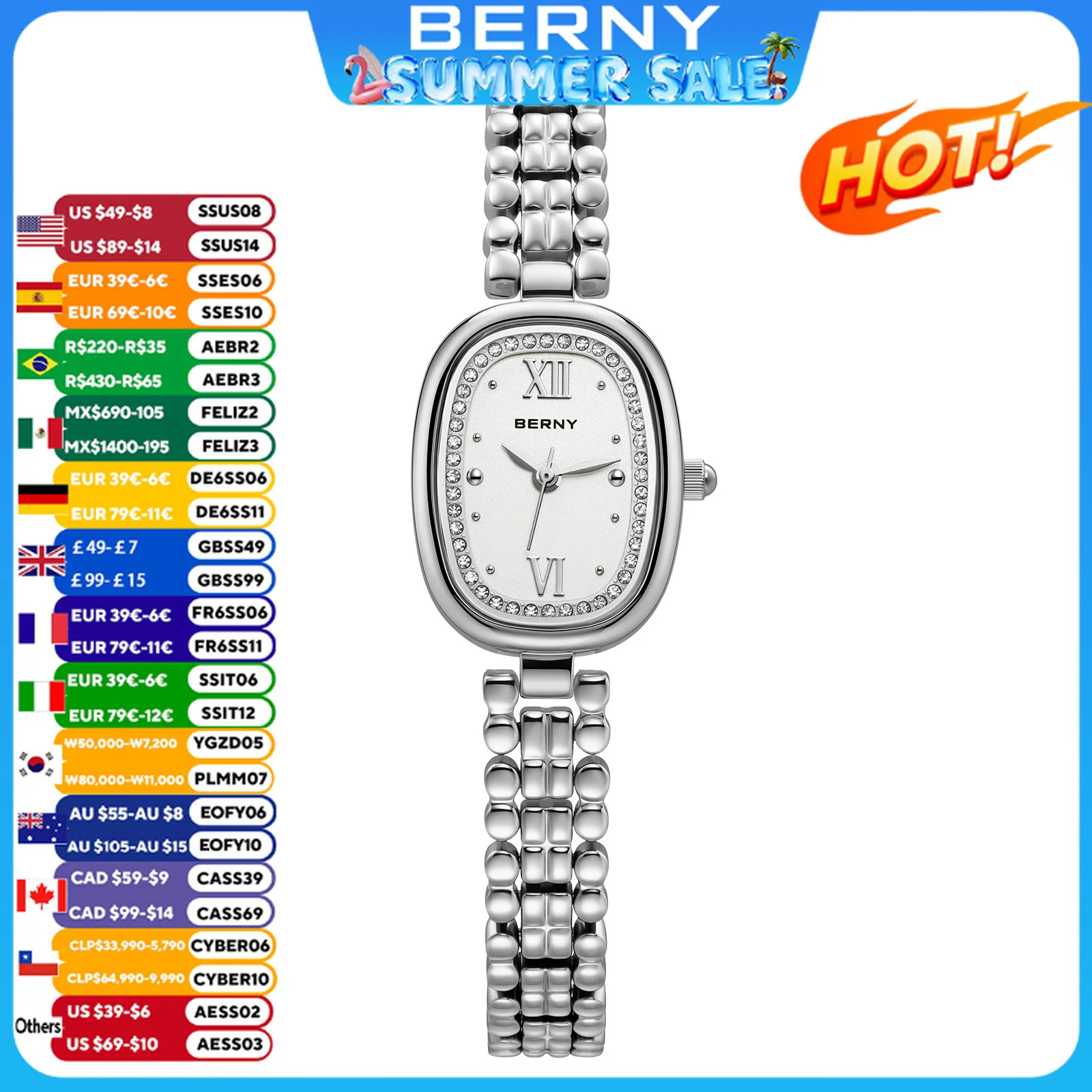 BERNY Quartz Oval Watch for Women Luxury Exquisite Diamond Women's Watch Waterproof Versatile Jewelry Bracelet Ladies Wristwatch